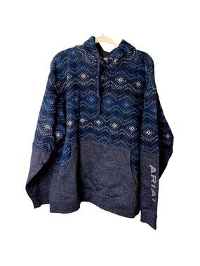 Ariat Mens XL Color Block Hoodie Aztec Print Pullover Blue Gray Southwest New
